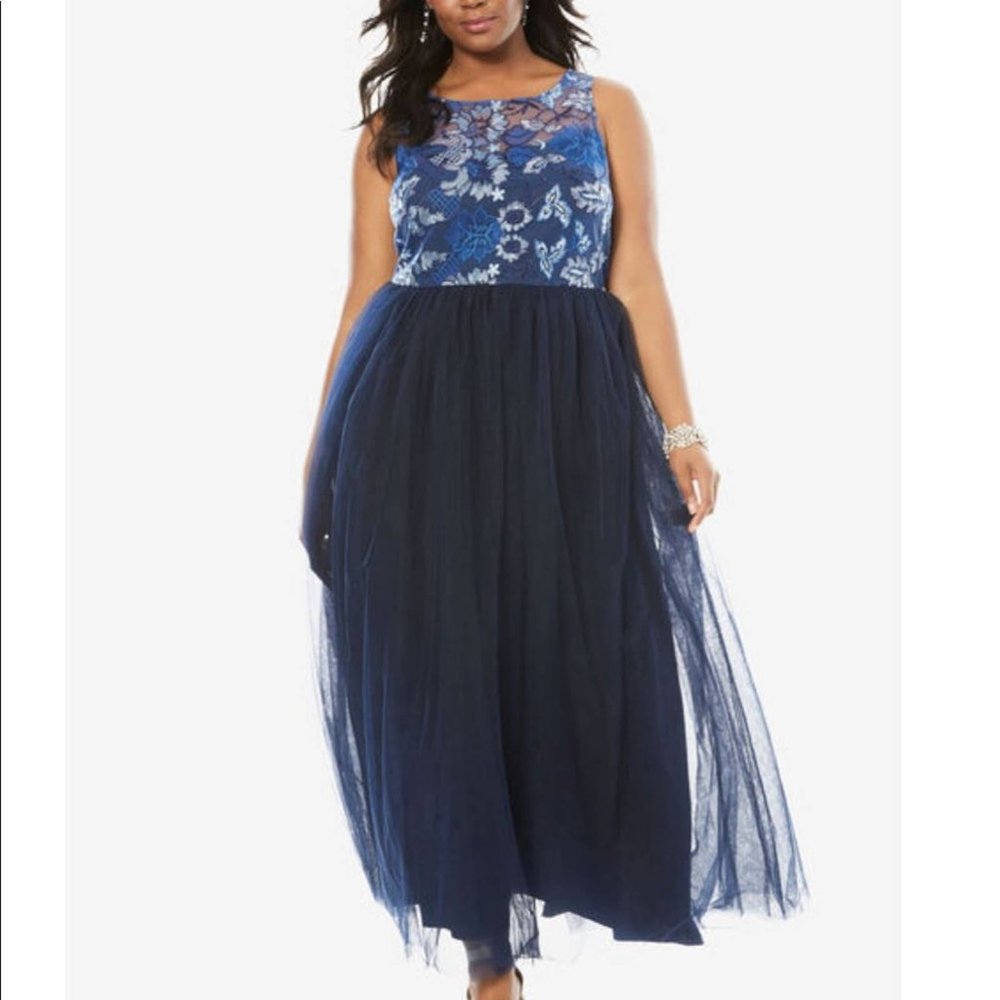 Roaman's Blue Embroidered Tulle Gown 12W